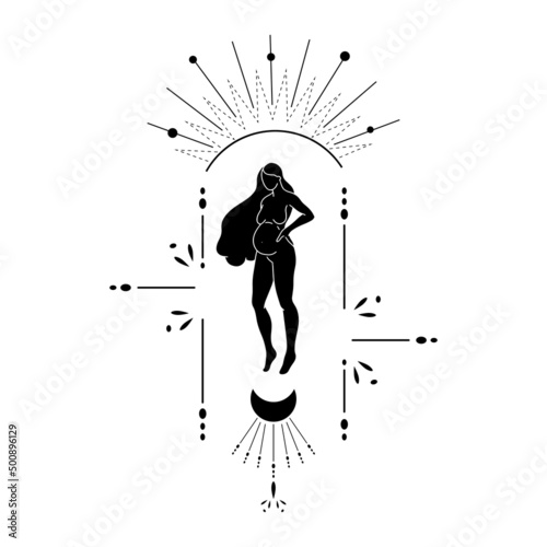 Trendy black line art composition with a pregnant woman body silhouette and celestial bodies. Vector magic woman  illustration for creating posters, postcard, tarot, books, covers.