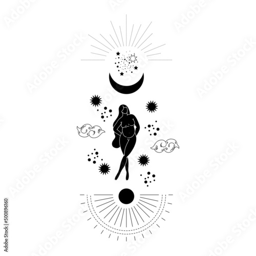 Trendy black line art composition with a pregnant woman body silhouette and celestial bodies. Vector magic woman  illustration for creating posters, postcard, tarot, books, covers.