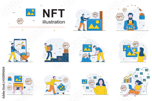 NFT concept with people scenes set in flat design. Men and women creating artworks with non-fungible token for auction, selling and buying art. Vector illustration visual stories collection for web