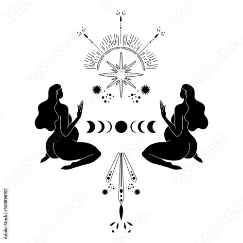 Trendy black line art composition with a pregnant woman body silhouette and celestial bodies. Vector magic woman  illustration for creating posters, postcard, tarot, books, covers.