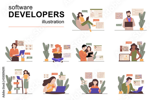 Software developers concept with people scenes set in flat design. Men and women creating programs and apps, coding, programming, testing product. Vector illustration visual stories collection for web