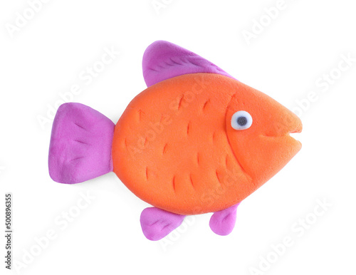 Canvas Print Colorful fish made from play dough isolated on white, top view