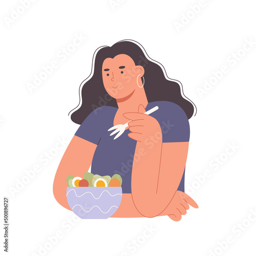 Woman cartoon character standing with healthy food home restaurant. Health, vegan, food, cooking concept. Healthy lifestyle and proper nutrition or diet