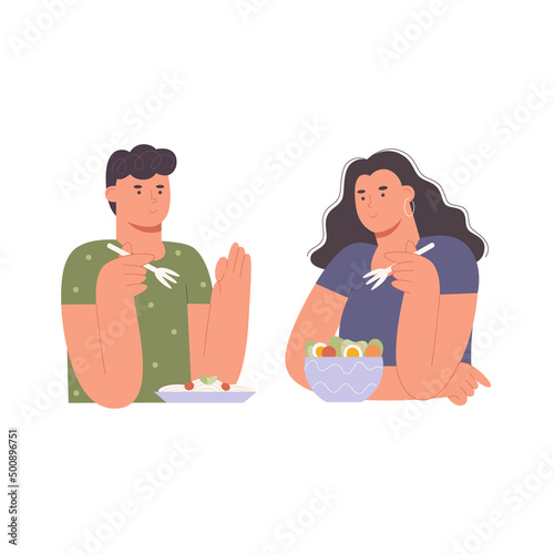 Young man and woman is eating a pasta and greek salad . The concept of healthy lifestyle and proper nutrition. Cartoon character in jeans clothes flat style - Vector