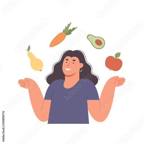 Young woman surrounded by fresh vegetables and fruits. Raw food, veganism and vegetarianism. Healthy and beneficial food. Healthy food concept. Flat vector illustration isolated on white background.