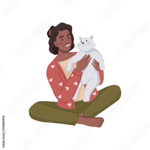 Female personage playing with kitten, isolated young lady holding cat. Vector flat cartoon character with feline animal, caring and hugging. Owner with pet, smiling teenage girl spending free time