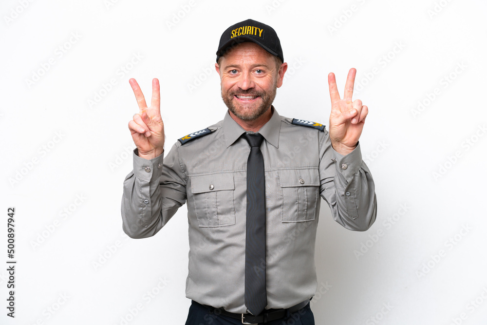 Middle age security man isolated on white background showing victory sign with both hands
