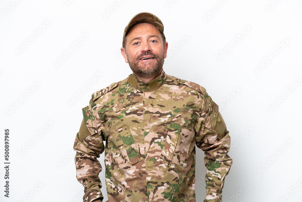Military man isolated on white background laughing