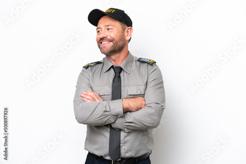 Middle age security man isolated on white background happy and smiling