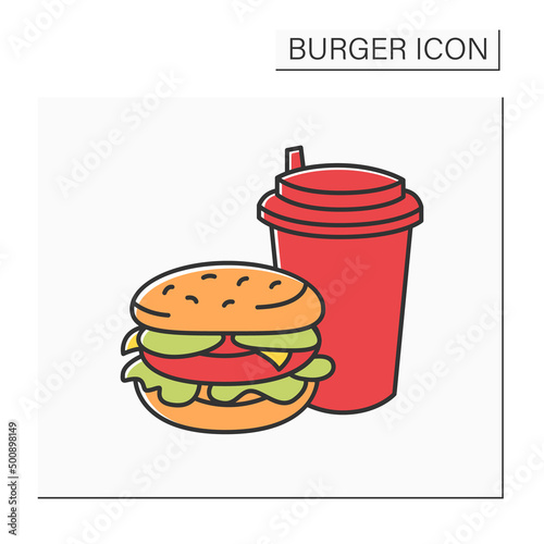 Fast food color icon. Tasty order consists of big burger and drink in paper cup. Order from cafe. Unhealthy food concept. Isolated vector illustration