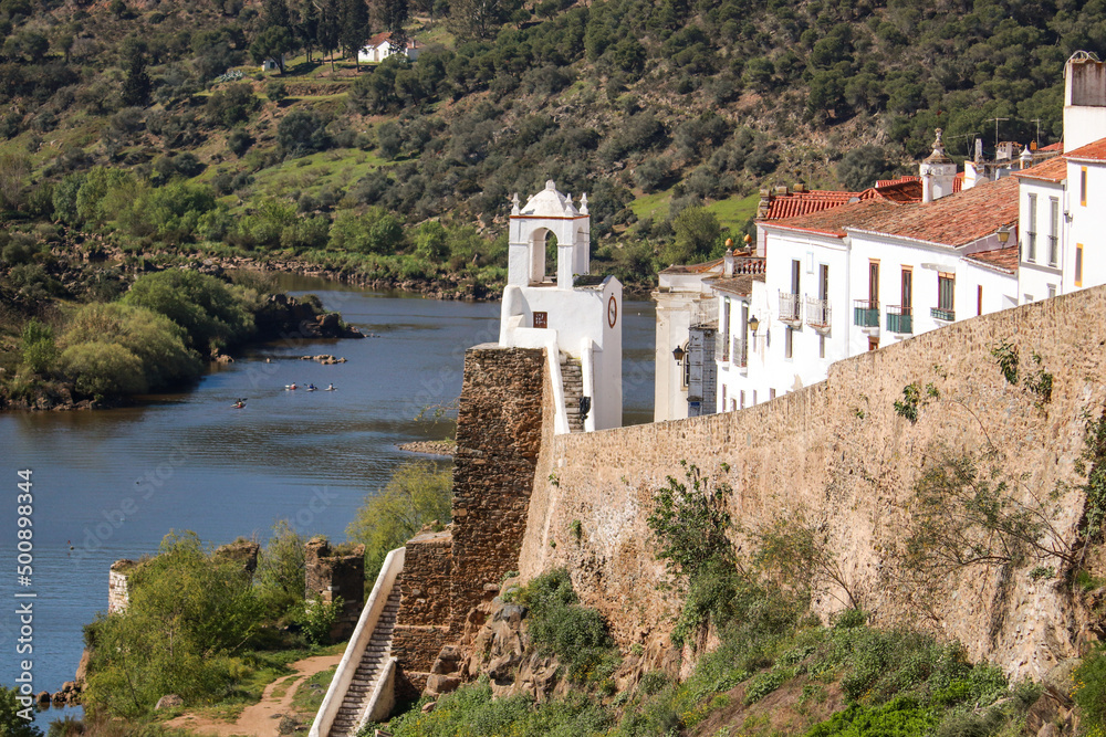 View of Mertola Town and the Guadiana River on foreground in Alentejo, Portugal