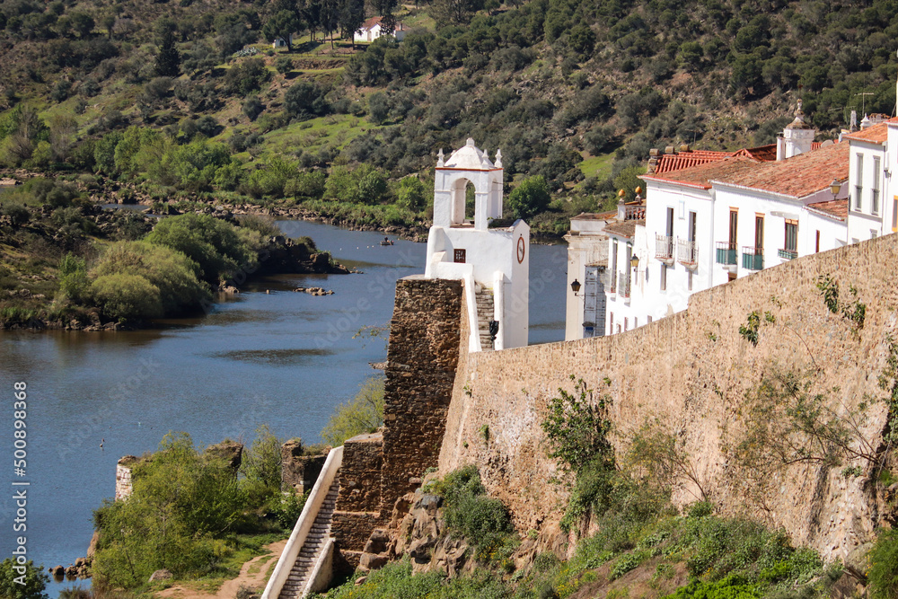 View of Mertola Town and the Guadiana River on foreground in Alentejo, Portugal