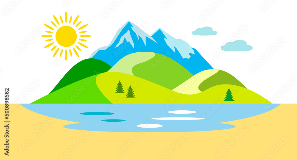 Landscape graphic with mountains and lake.