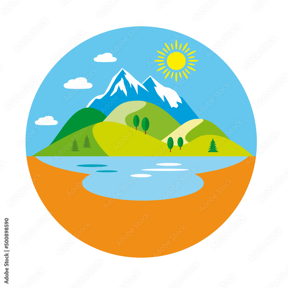 Landscape graphic with mountains and lake.