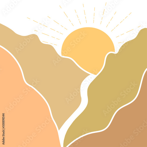 Vector childish cartoon drawn mountain illustration. Mountain landscape and sun. Wall decor, poster, card, brochure, flyer and other.