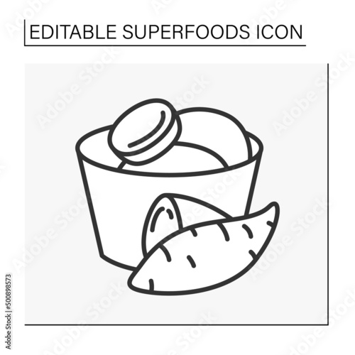  Sweet potatoes line icon. Organic healthy balanced nutrition.Boiled potatoes in pot.Detox and weight loss supplements. Vegetarian food.Superfood concept. Isolated vector illustration. Editable stroke