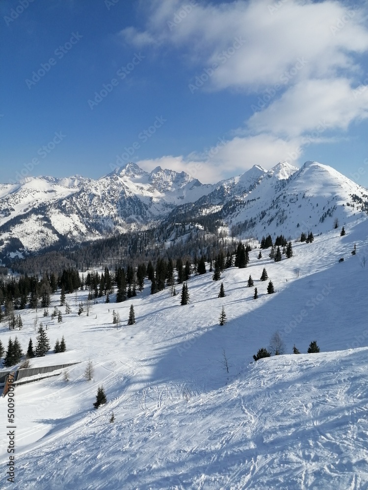 Skiing in the snowy slopes of Schladming in the Austrian Alps