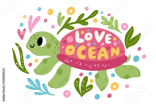 Cartoon turtle poster. Funny ocean animal. Seaweeds and air bubbles. Water reptile with shell. Marine underwater life. Swimming tortoise. Sea ecology and environment. Vector concept