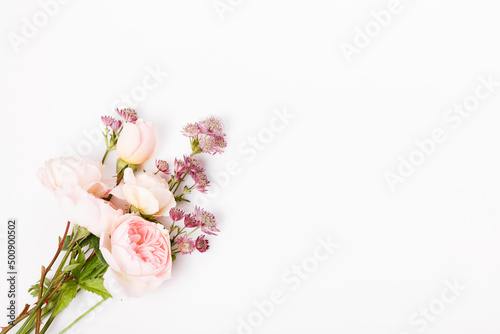Fototapeta Naklejka Na Ścianę i Meble -  Festive pink flower rose bouquet on the white background.