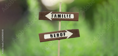 Familie-Beruf on a wooden signpost on a natural green background.copy space. © Tanawit