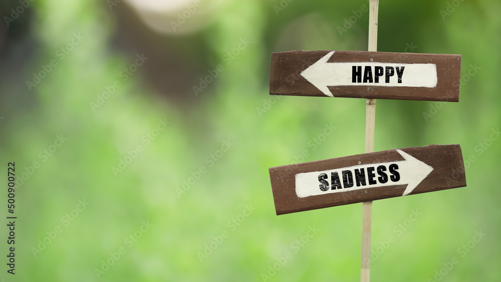 Happy - Sadness on a wooden signpost on a natural green background.copy space.