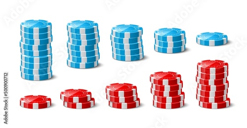 Chips stacks. Realistic gambling plastic round elements. Gradual increase in game bets. Casino tokens. Roulette gaming coins. Risky leisure. Vector poker playing 3D accessories set