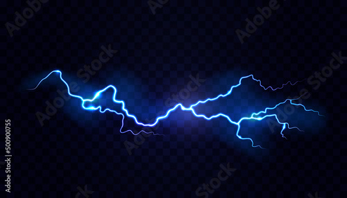 Neon electric lightning realistic effect, isolated on black background. Vector illustration, flash with powerful voltage. Stormy and rainy weather, glowing and shining blazing or blast