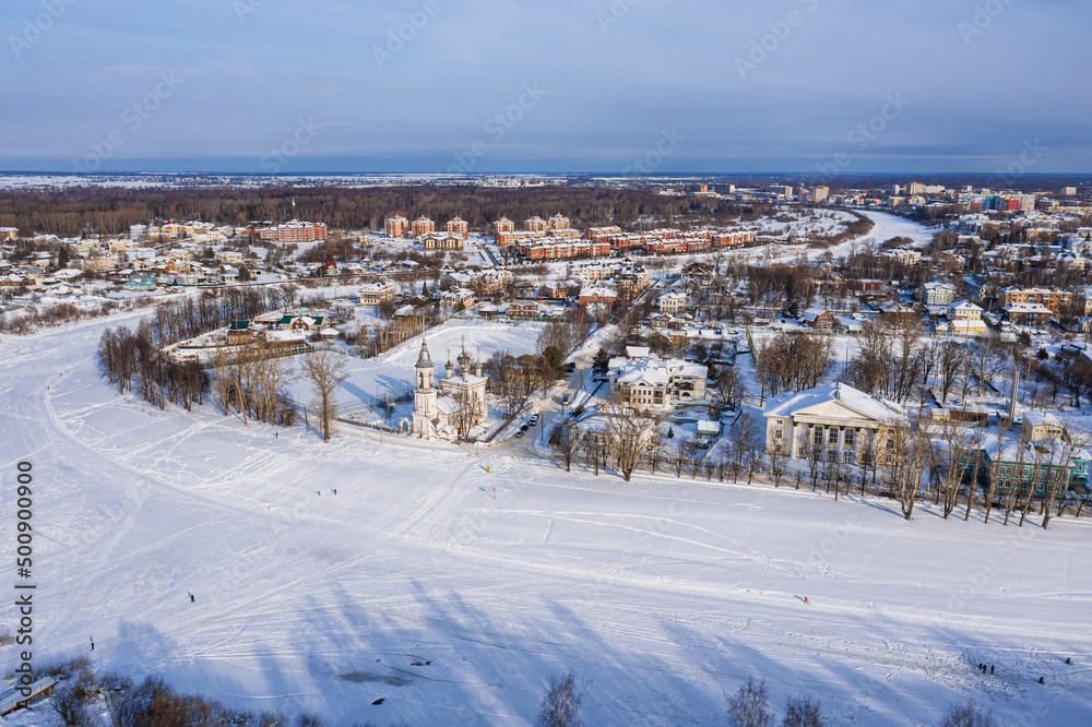 Vologda in winter. Vologda River, old town, Church of the Presentation of the Lord. Aerial view.