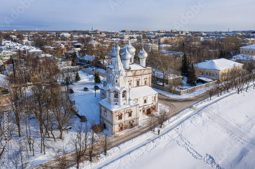 Vologda in winter. Old town. Church in the Name of St. John Chrysostom (Holy Myrrh-bearing Women). Aerial view.