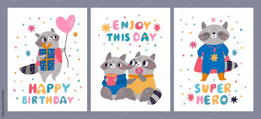 Funny raccoon cards. Little cute animals. Birthday banners. Furry wild creatures. Superhero costumes and holiday gifts. Cartoon characters couple with cup and donut. Vector postcards set