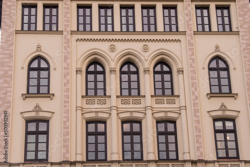 Munich, Germany - December 19 2021: Street view of the facade of the building in Munich downtown on Winter day.