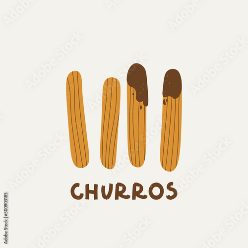 Logo for churreria. Churros and chocolate. Spanish traditional pastries for breakfast. Vector illustration for design and handwritten text.