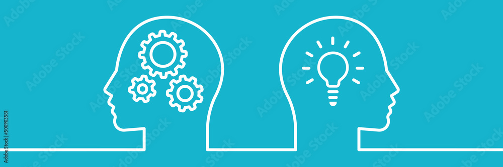 Human head with light bulbs and gears. Two human heads in a linear style, idea. Vector illustration. Human head with light bulbs and gears. Two human heads in a linear style, idea. Vector illustration.