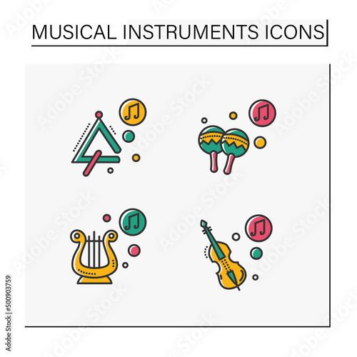 Musical instrument color icons set. Triangle, lyre, maracas, double bass. Classical, ethnic and modern music. Music from different countries. 3d vector illustrations