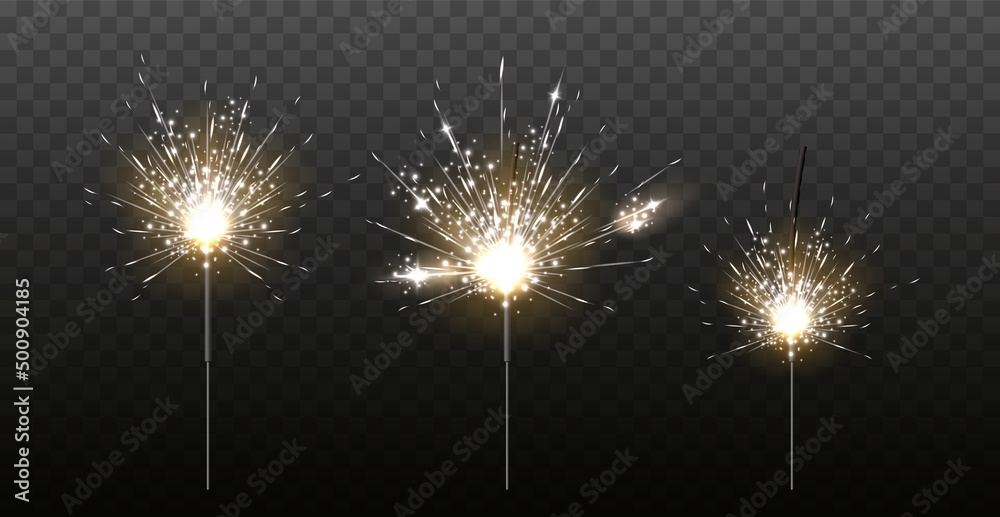 Realistic Bengal lights. 3D festive sparklers. Combustion stages. Bright sparks. Birthday party elements. Holiday flashes. Firework explosion. Glowing flares. Vector burning sticks set