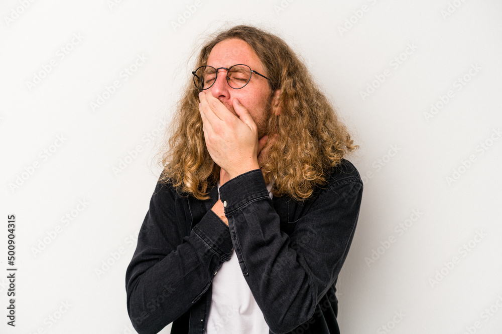 Young caucasian man isolated on white background suffers pain in throat due a virus or infection. Young caucasian man isolated on white background suffers pain in throat due a virus or infection.