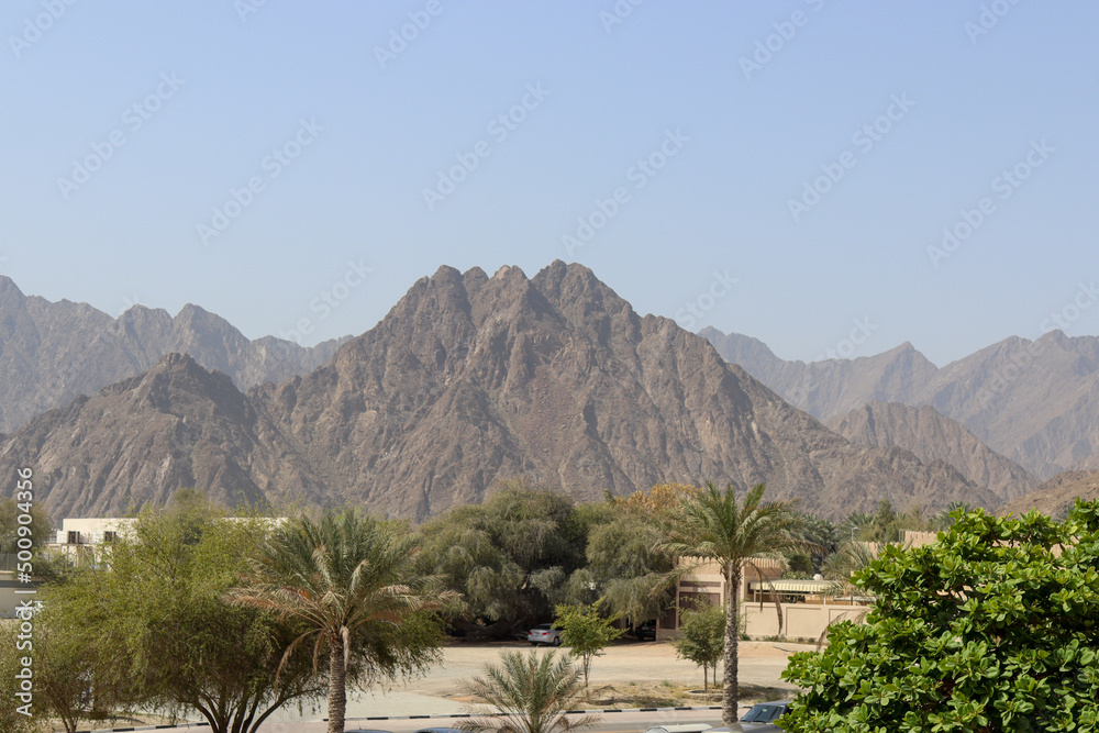 Rocky mountain views in Dubai village on a sunny day