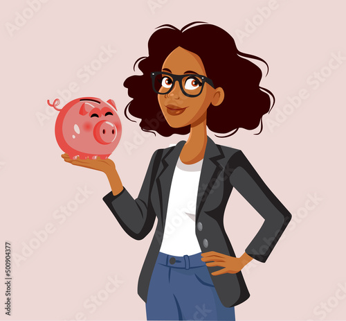 Businesswoman Holding Piggy Bank Vector Cartoon Illustration