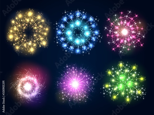 Realistic fireworks. Different shapes and colors pyrotechnics explosions. Firecracker flashes. Holiday entertainment. Sky petard burst. Festive salute. Vector carnival night lights set