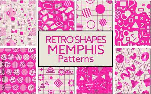 Seamless geometric repeat memphis modern patterns collection. Graphic print background abstract shapes