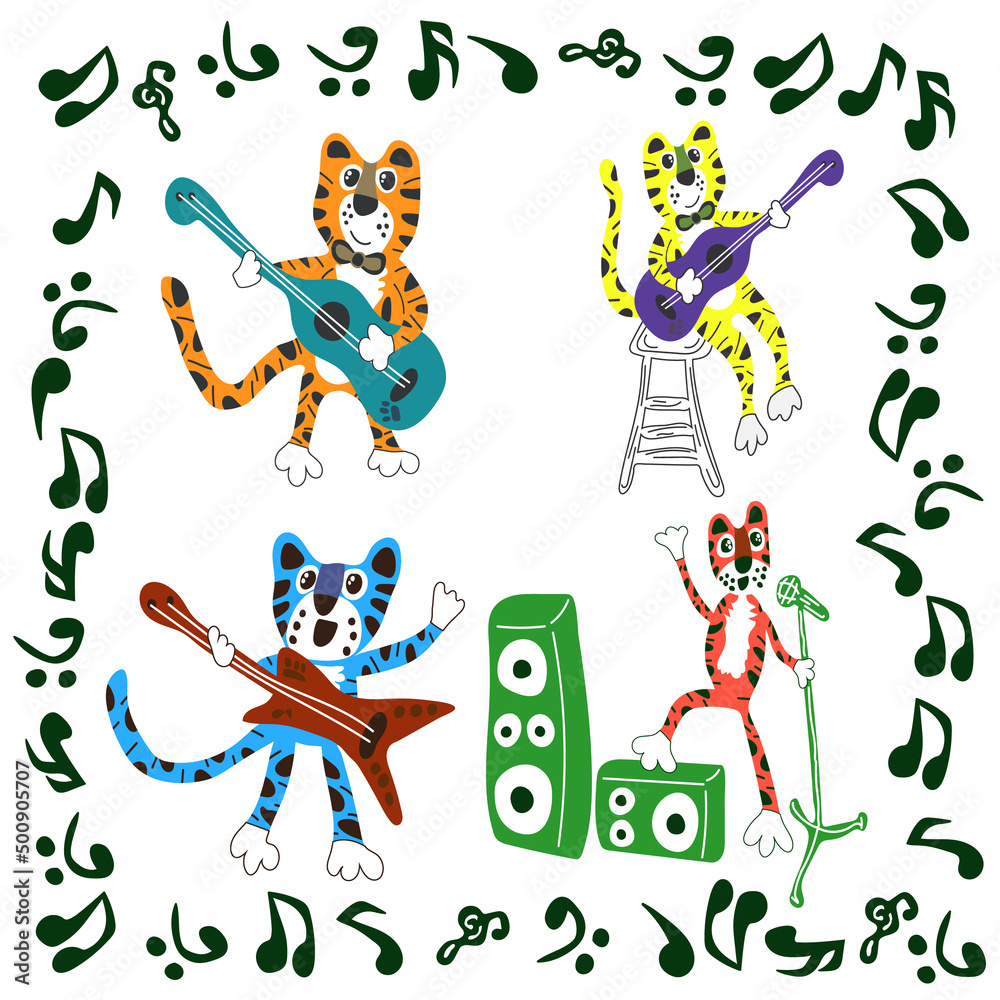 Four tiger musicians surrounded by musical symbols. Postcards, illustrations for children's books or prints for children's clothing Four tiger musicians surrounded by musical symbols. Postcards, illustrations for children's books or prints for children's clothing