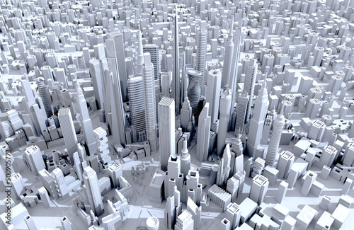 Modern city with skyscrapers.  Office and residential blocks  financial area. 3D rendering illustration  panoramic view