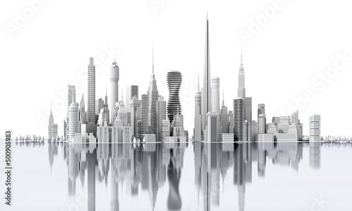 Modern city with skyscrapers with beautiful reflections.  Office and residential blocks, financial area and beautiful reflection in the water. 3D rendering illustration, panoramic view