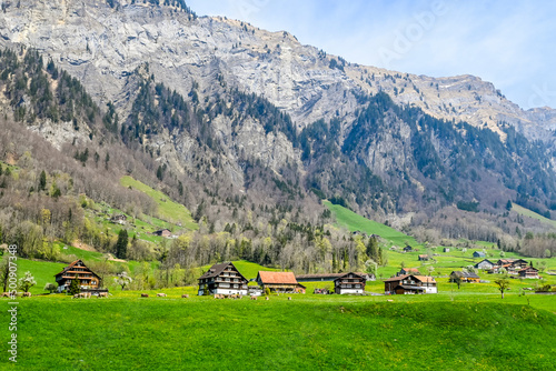 Muotathal, Dorf, Wanderweg, Muota, Fluss, Muotatal, Bergtal, Pragelpass, Landwirtschaft, Felder, Frühling, Schwyz, Schweiz photo