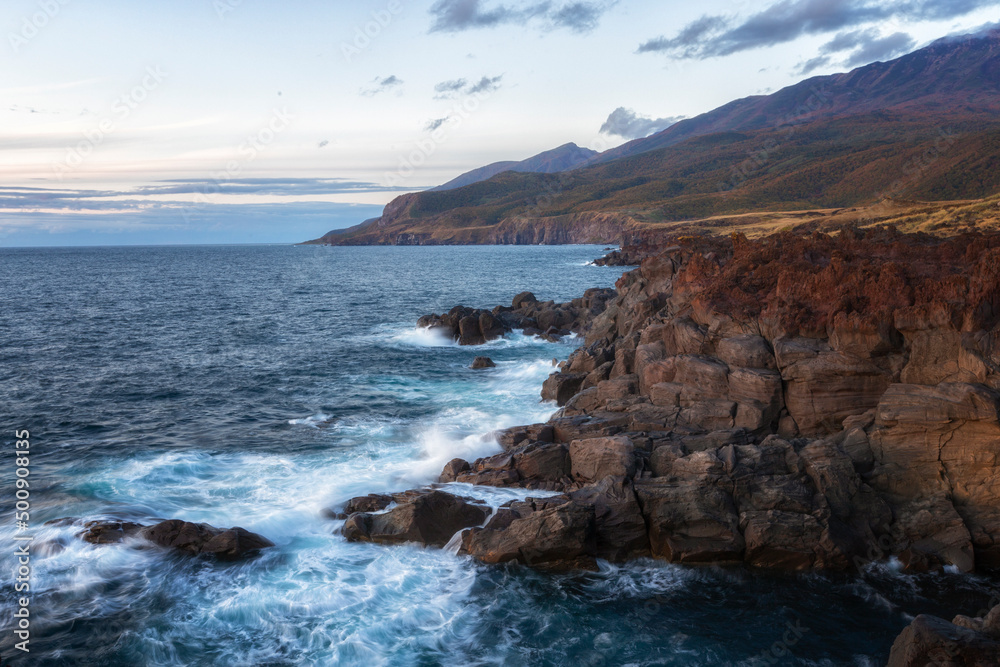 Yankito volcanic plateau at sunset. Iturup Island. South Kuriles