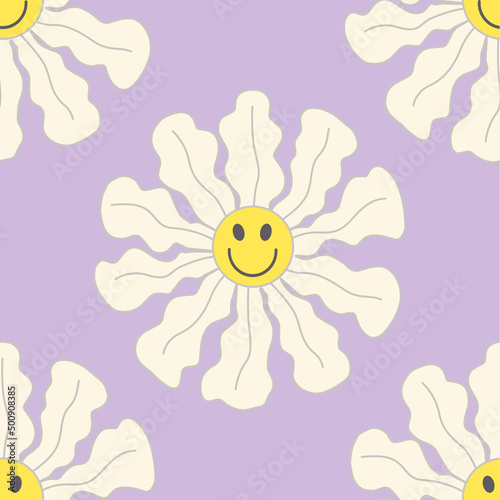1970 Retro Smile Chamomile Groovy Seamless Pattern on Lilac Background. Hippie Aesthetic. Hand-Drawn Vector Illustration  Flat Design. Kids Graphic Cover or Sticker. 