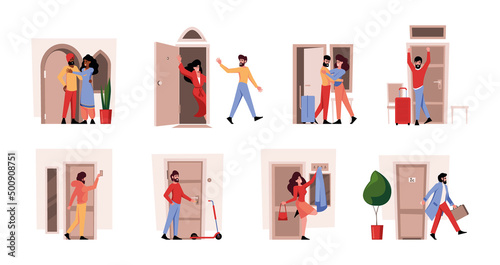 Leaving characters. People indoor exit persons meeting persons kids going to vacation home doorway garish vector illustrations set in colored style