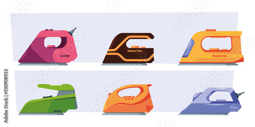 Steam iron. Electric tools for housewife fabric colored flatiron garish vector flat illustrations set