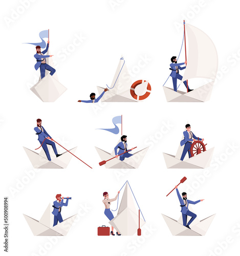 Businessman on paper boat. Leadership concept business navigation freedom teamwork boating characters garish vector pictures in flat style