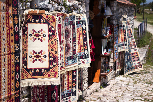 Traditional Albanian carpets for sale near the fortress in Berat. Albania, Berat